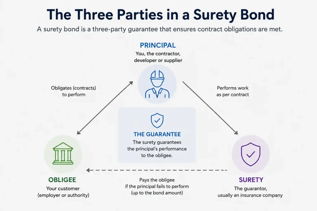 Diagram showing the three parties in a surety bond principal, obligee and surety